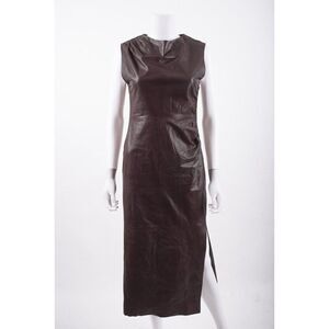 Massimo Dutti Womens Leather Dress Midi Ruched S Small Brown 5325/726 NWT